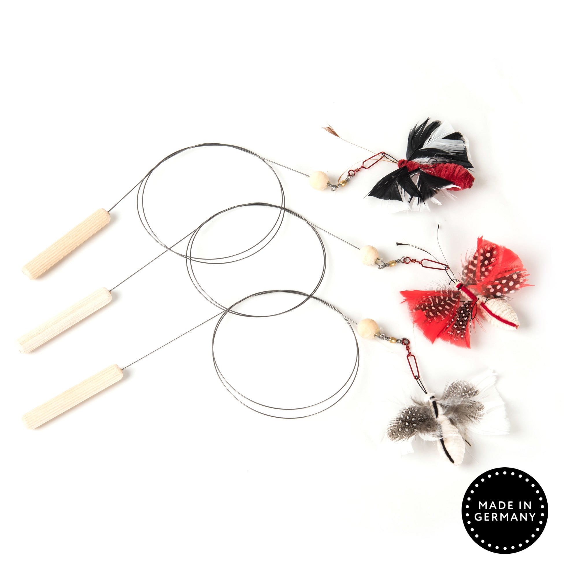 Jeu de canne pour chat Teaser Shaky Wobble avec papillon volant, manche en bois et mousqueton interchangeable, signé Profeline.