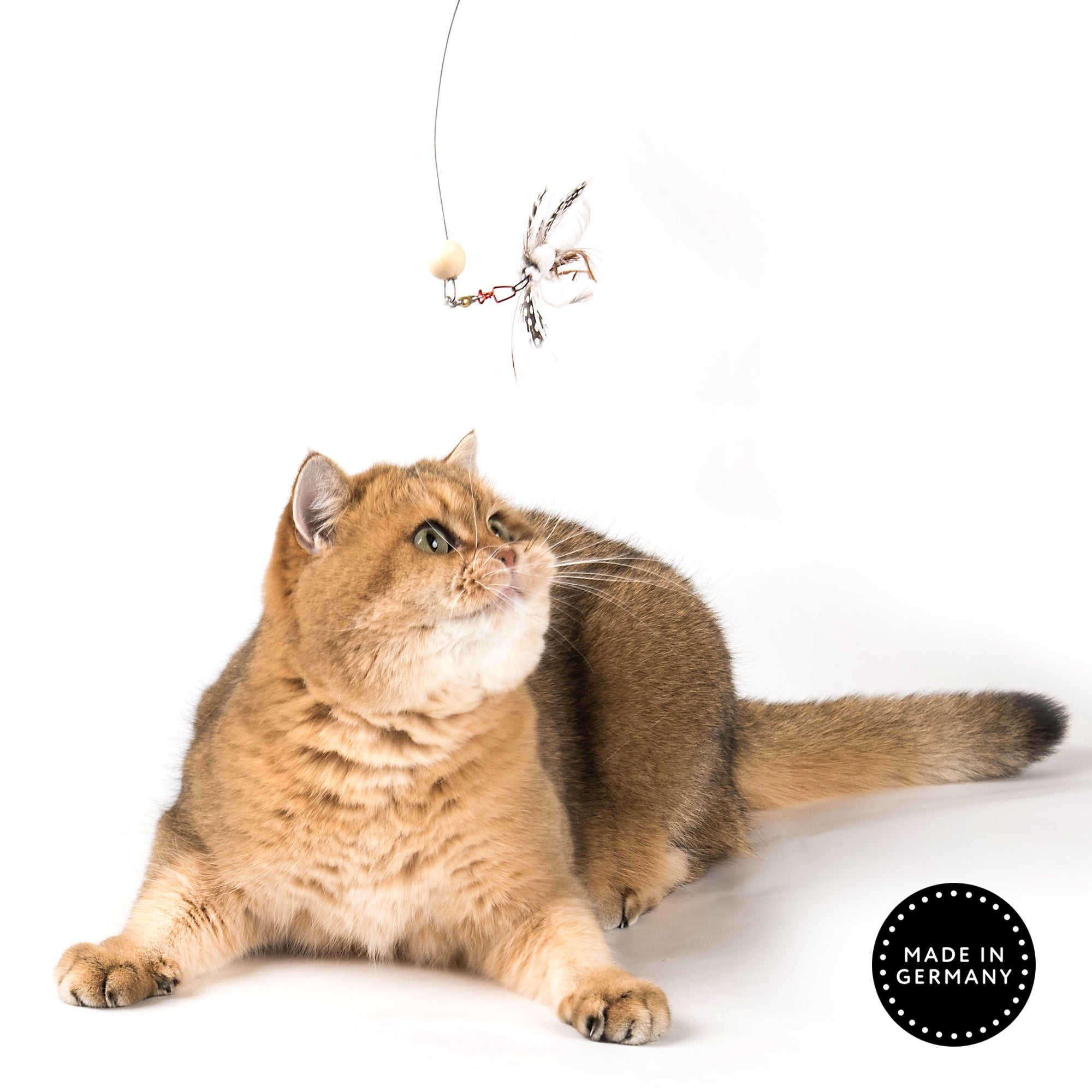 Jeu de canne pour chat Teaser Shaky Wobble avec papillon volant, manche en bois et mousqueton interchangeable, signé Profeline.