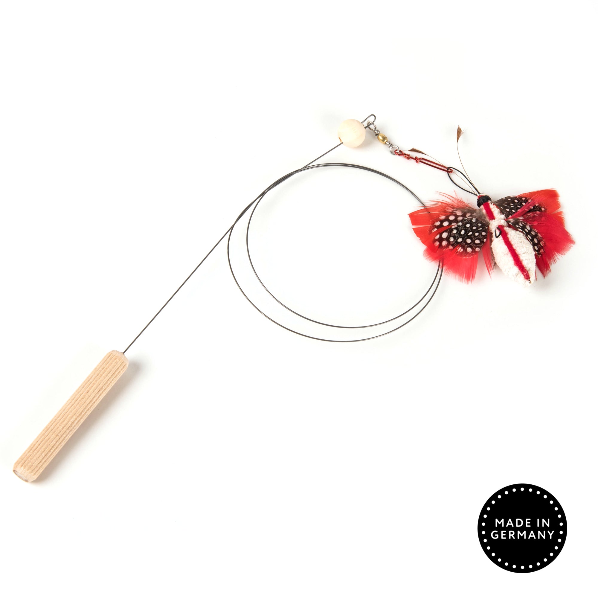 Jeu de canne pour chat Teaser Shaky Wobble avec papillon volant, manche en bois et mousqueton interchangeable, signé Profeline.