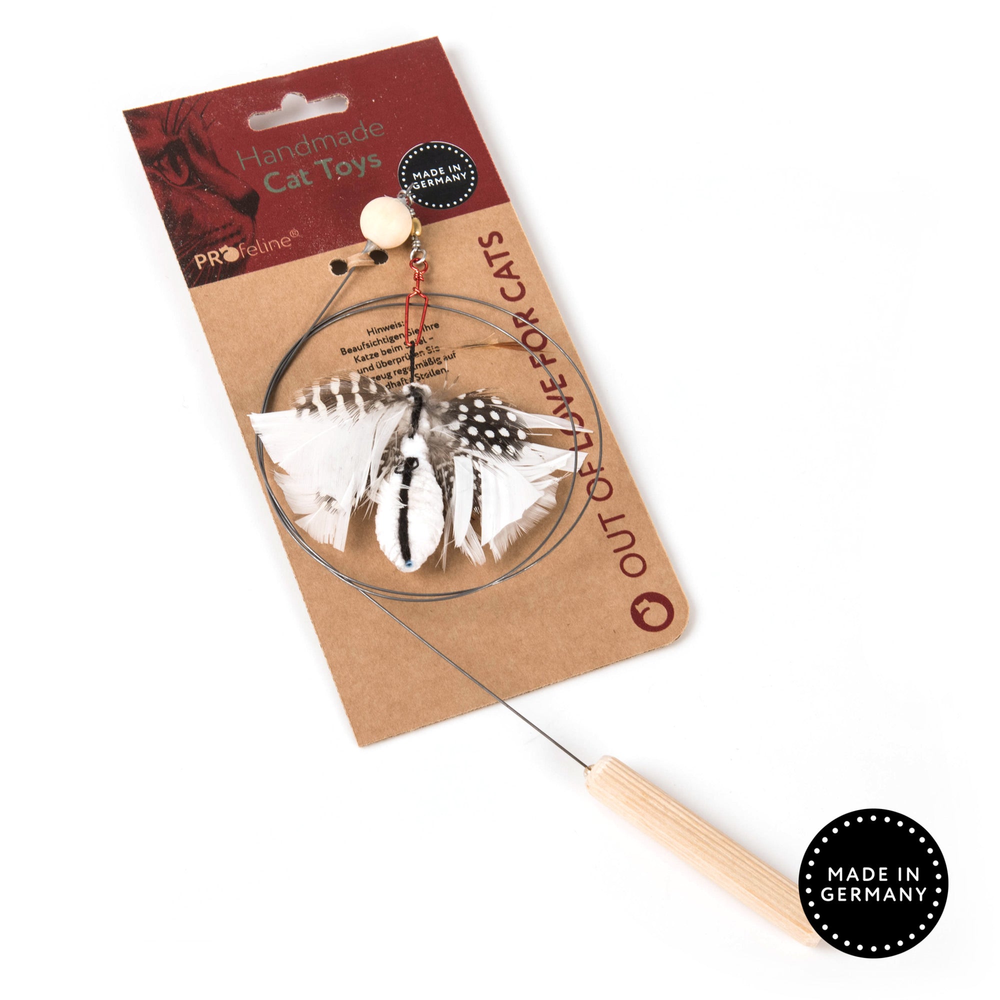 Jeu de canne pour chat Teaser Shaky Wobble avec papillon volant, manche en bois et mousqueton interchangeable, signé Profeline.