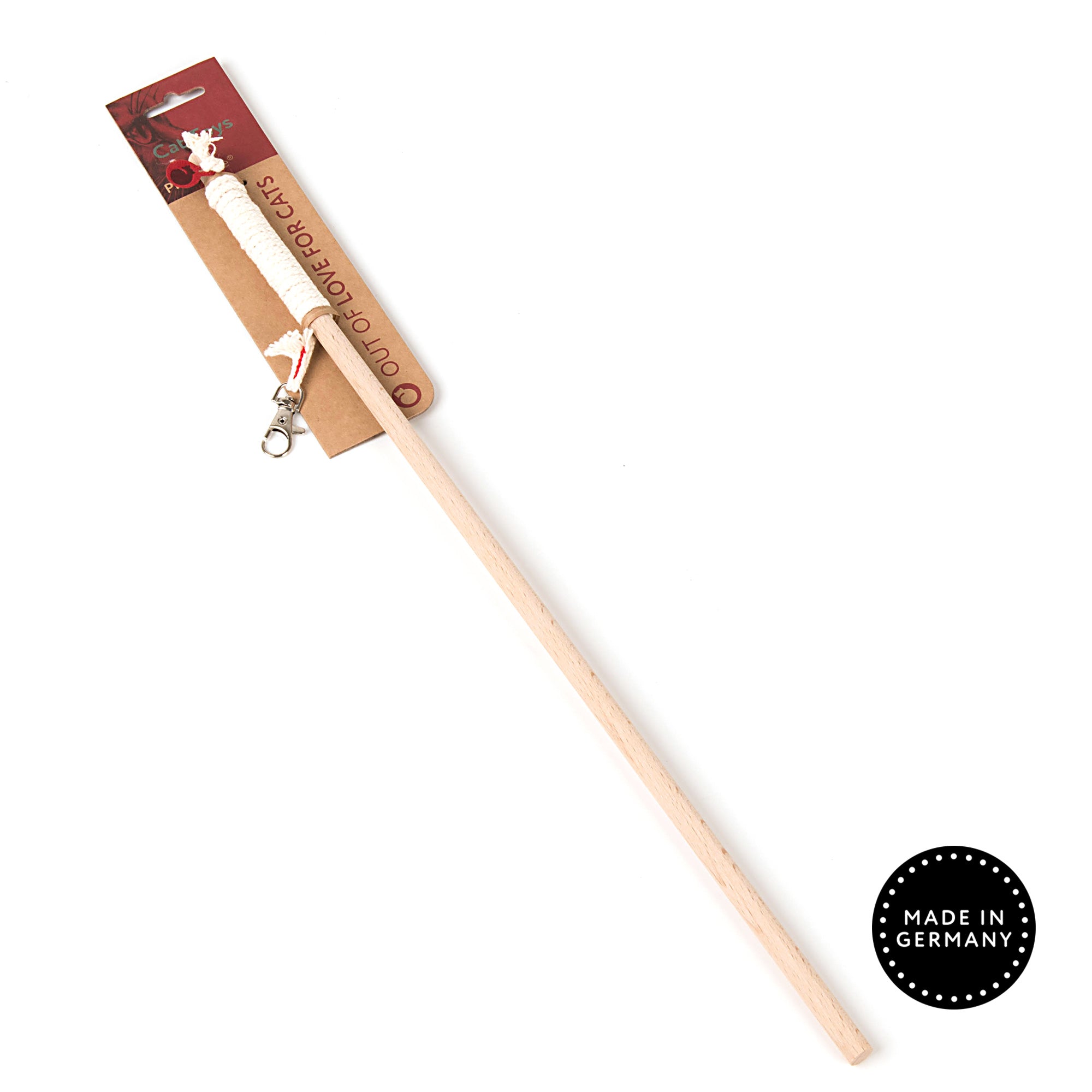 Canne pour chat Woody en bois de hêtre avec cordon de coton et mousqueton rotatif.