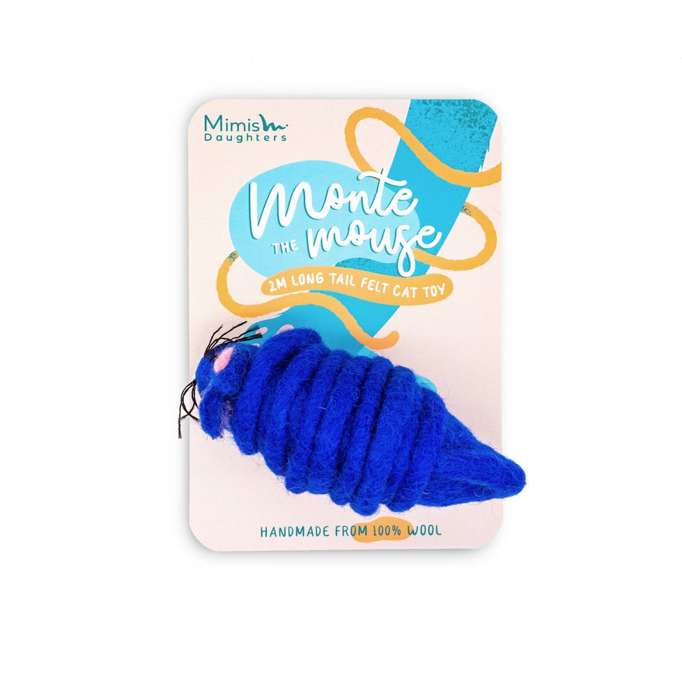 Jouet pour chat écologique et haut de gamme, Monte The Mouse avec queue de 2 mètres, fabriqué à la main en laine feutrée.