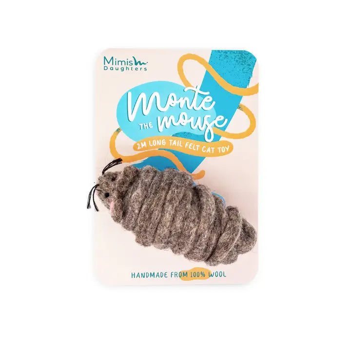 Jouet pour chat écologique et haut de gamme, Monte The Mouse avec queue de 2 mètres, fabriqué à la main en laine feutrée.