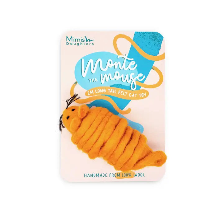 Jouet pour chat écologique et haut de gamme, Monte The Mouse avec queue de 2 mètres, fabriqué à la main en laine feutrée.