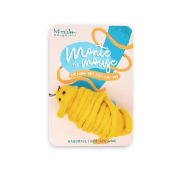 Jouet pour chat écologique et haut de gamme, Monte The Mouse avec queue de 2 mètres, fabriqué à la main en laine feutrée.