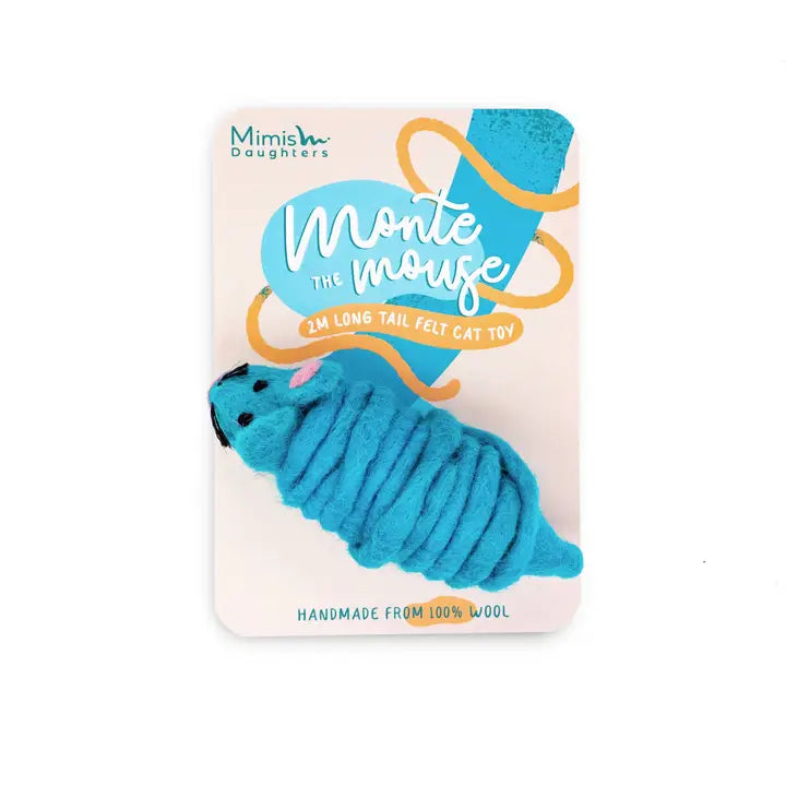 Jouet pour chat écologique et haut de gamme, Monte The Mouse avec queue de 2 mètres, fabriqué à la main en laine feutrée.