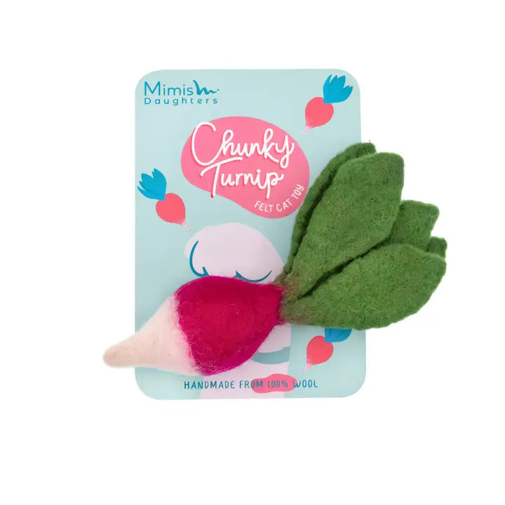 Chunky Turnip, jouet en feutre pour chat, fabriqué à la main en laine solide, pour des moments de jeu et de plaisir.