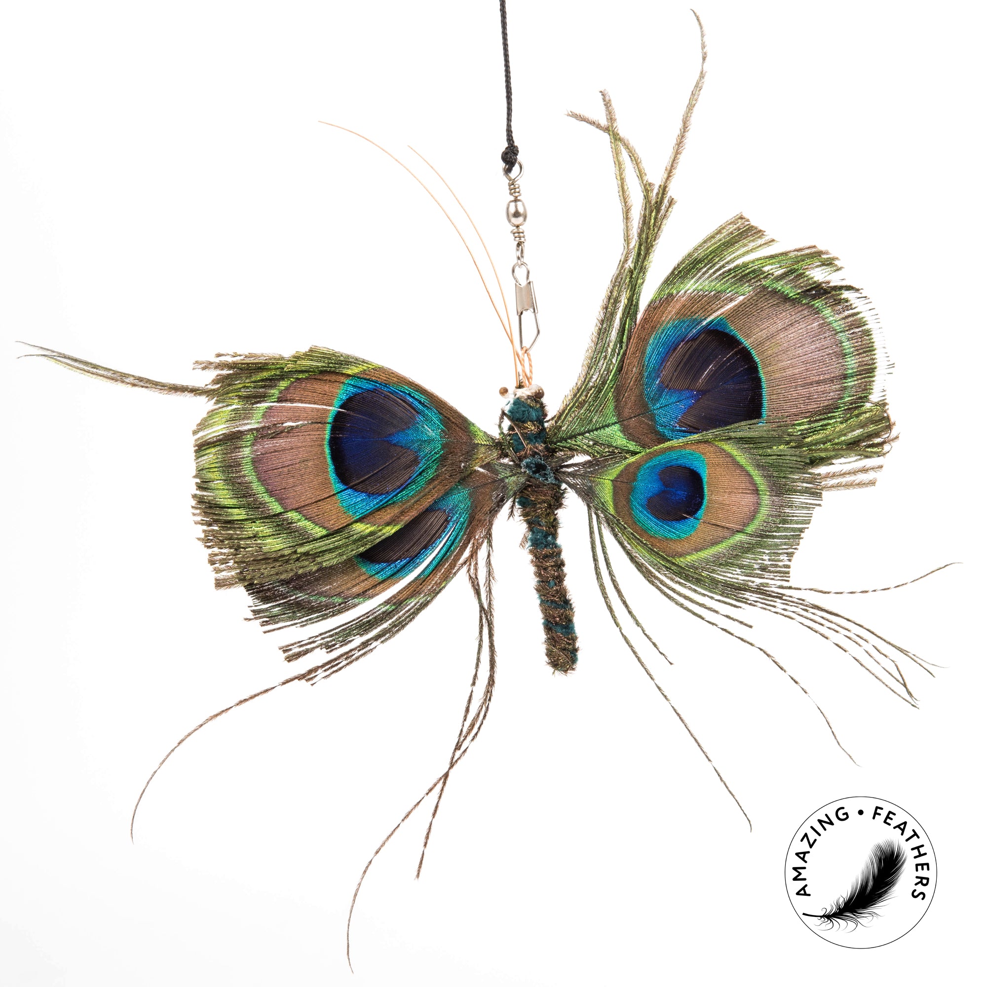 Pendentif pour canne à chat Papillon Paon en plumes naturelles, avec ailes en yeux de paon et franges scintillantes, signé Profeline.