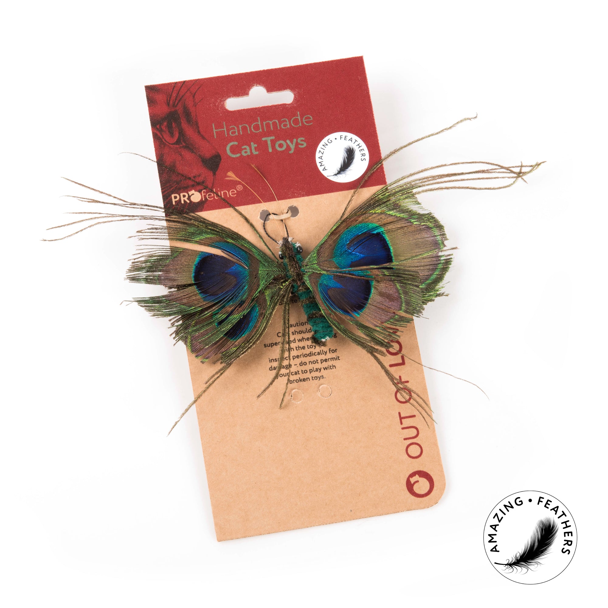 Pendentif pour canne à chat Papillon Paon en plumes naturelles, avec ailes en yeux de paon et franges scintillantes, signé Profeline.
