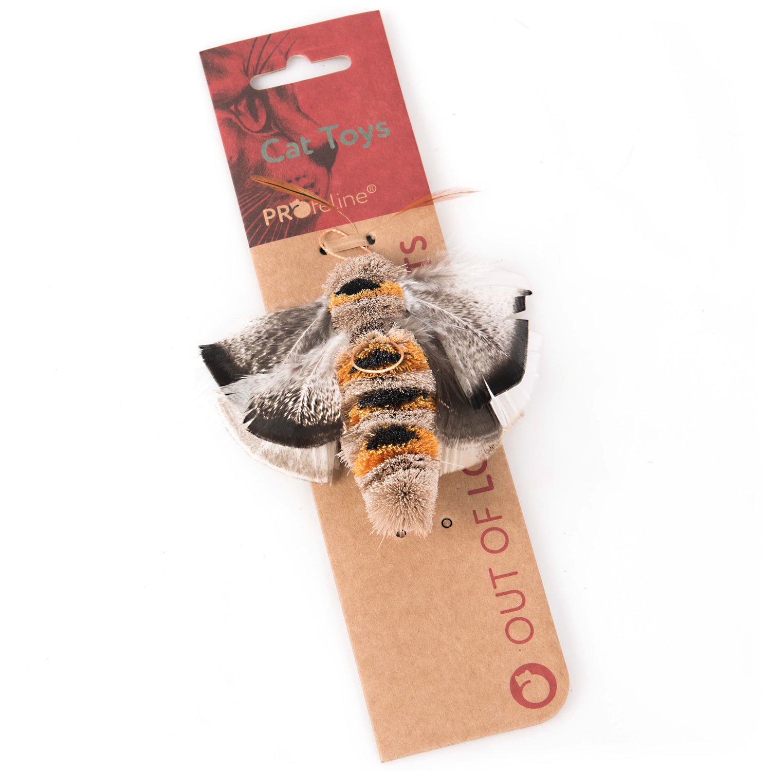 Pendentif pour canne à chat en plumes naturelles non teintées, papillon de nuit avec corps en poils de cerf, signé Profeline.