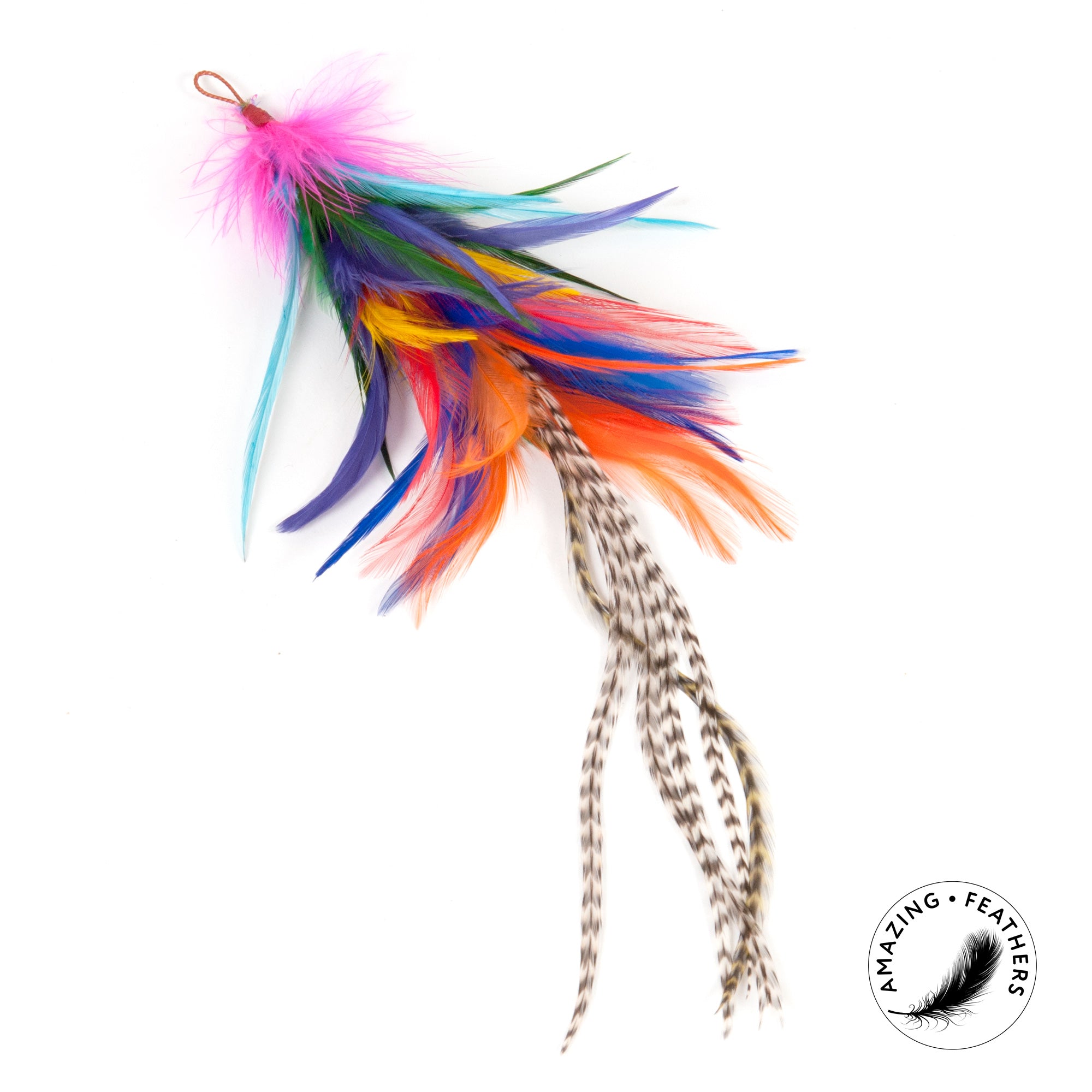 Pendentif pour canne à chat Profeline, bouquet de plumes colorées et duveteuses avec plumes de coq naturelles.