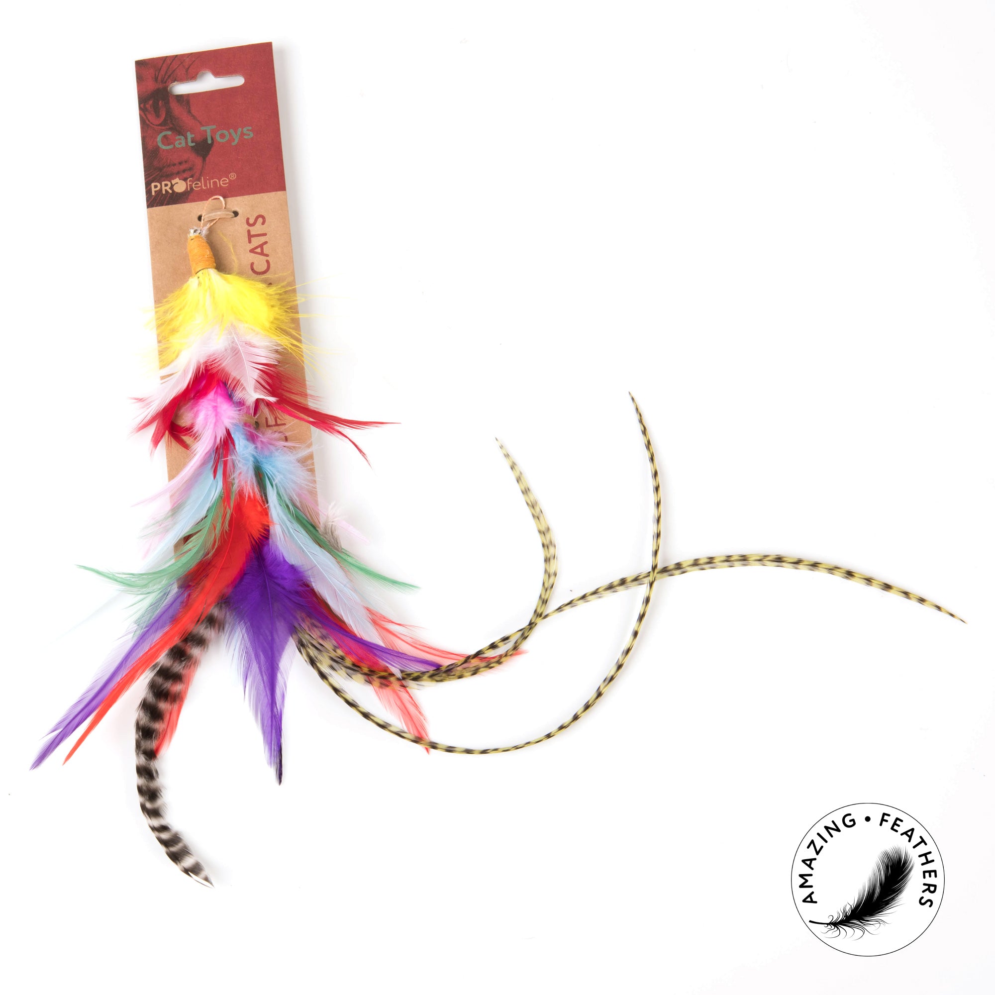 Pendentif pour canne à chat Profeline, bouquet de plumes colorées et duveteuses avec plumes de coq naturelles.