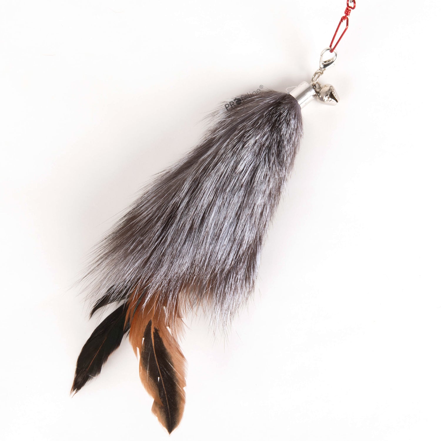 Pendentif Suspension Fluffy pour canne à chat avec fourrure de lapin, plumes naturelles et clochette.