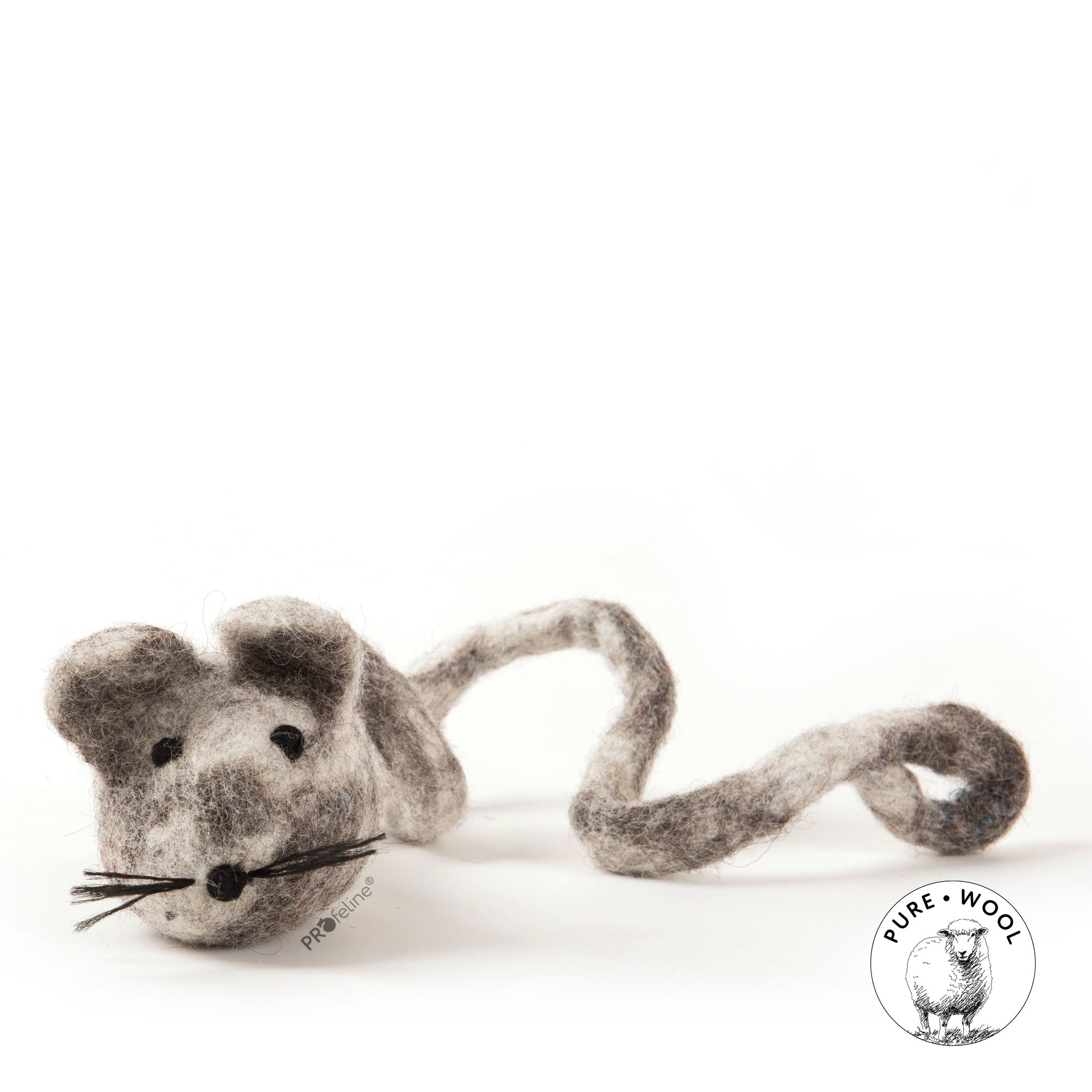 Jouet pour chat rat en laine naturelle feutrée à la main, signé Profeline, avec queue bouclée.