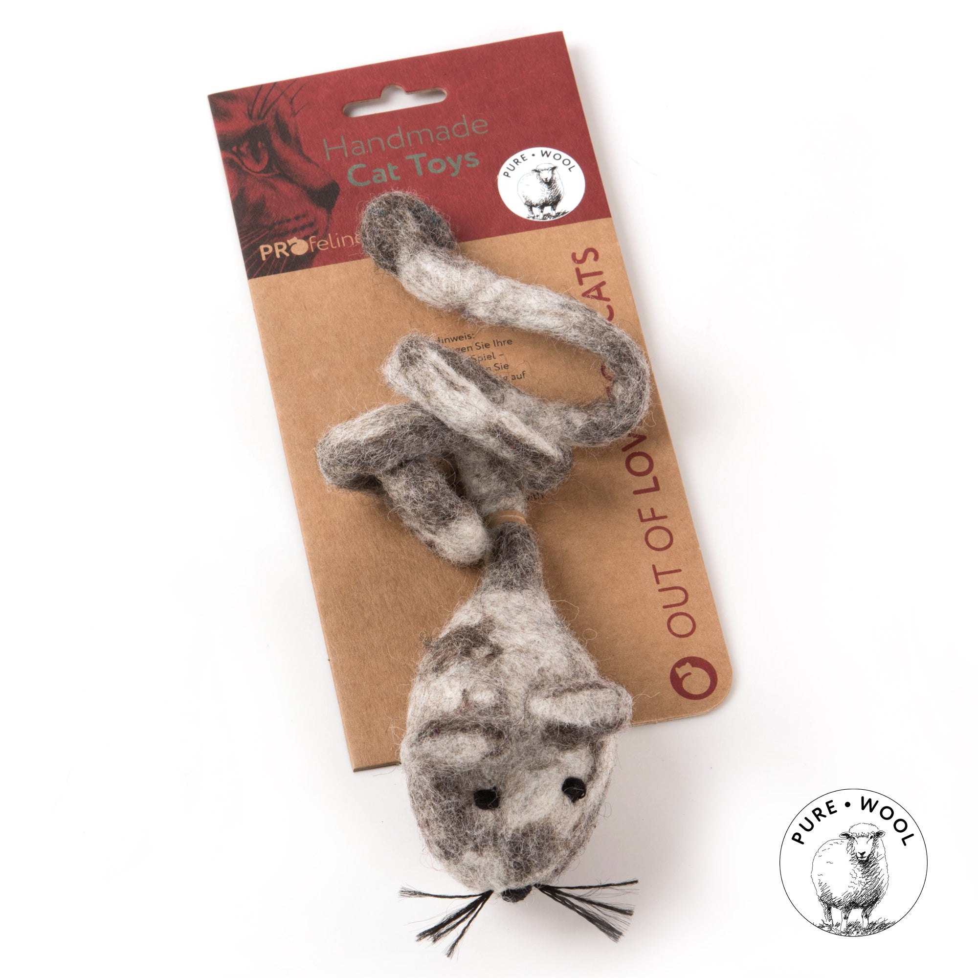 Jouet pour chat rat en laine naturelle feutrée à la main, signé Profeline, avec queue bouclée.