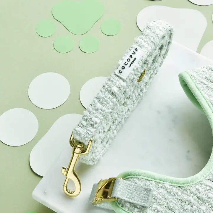Laisse en tweed vert matcha avec poignée rembourrée – Chic et fonctionnelle