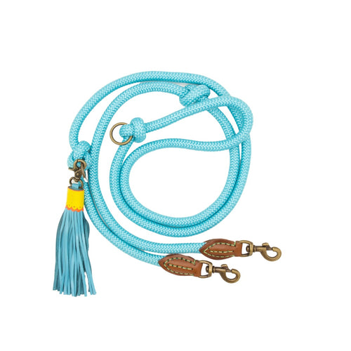 Laisse extra longue bleue DWAM réglable, en cuir et tissu, avec détails cousus main.