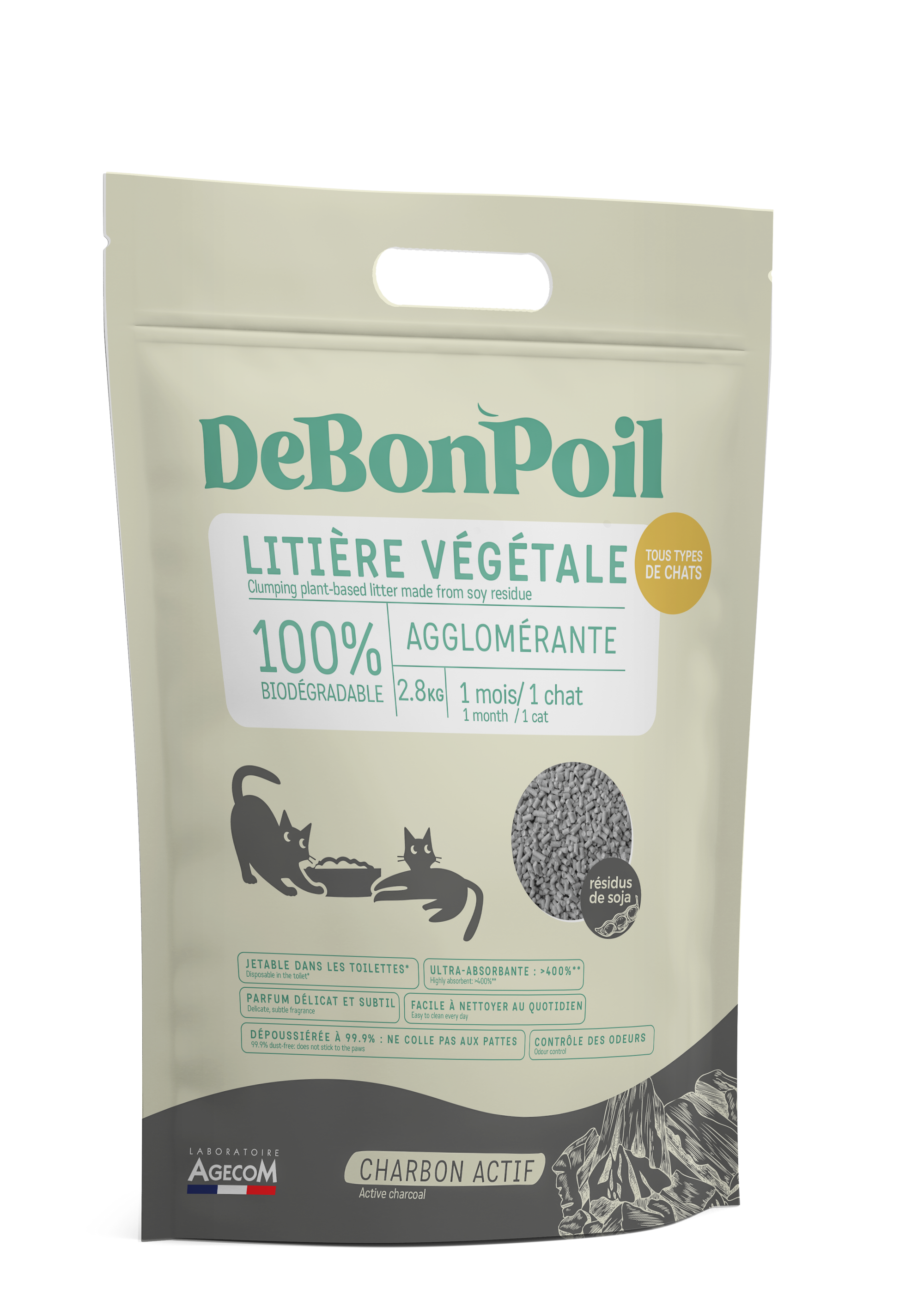 Litière végétale DeBonPoil agglomérante au charbon actif