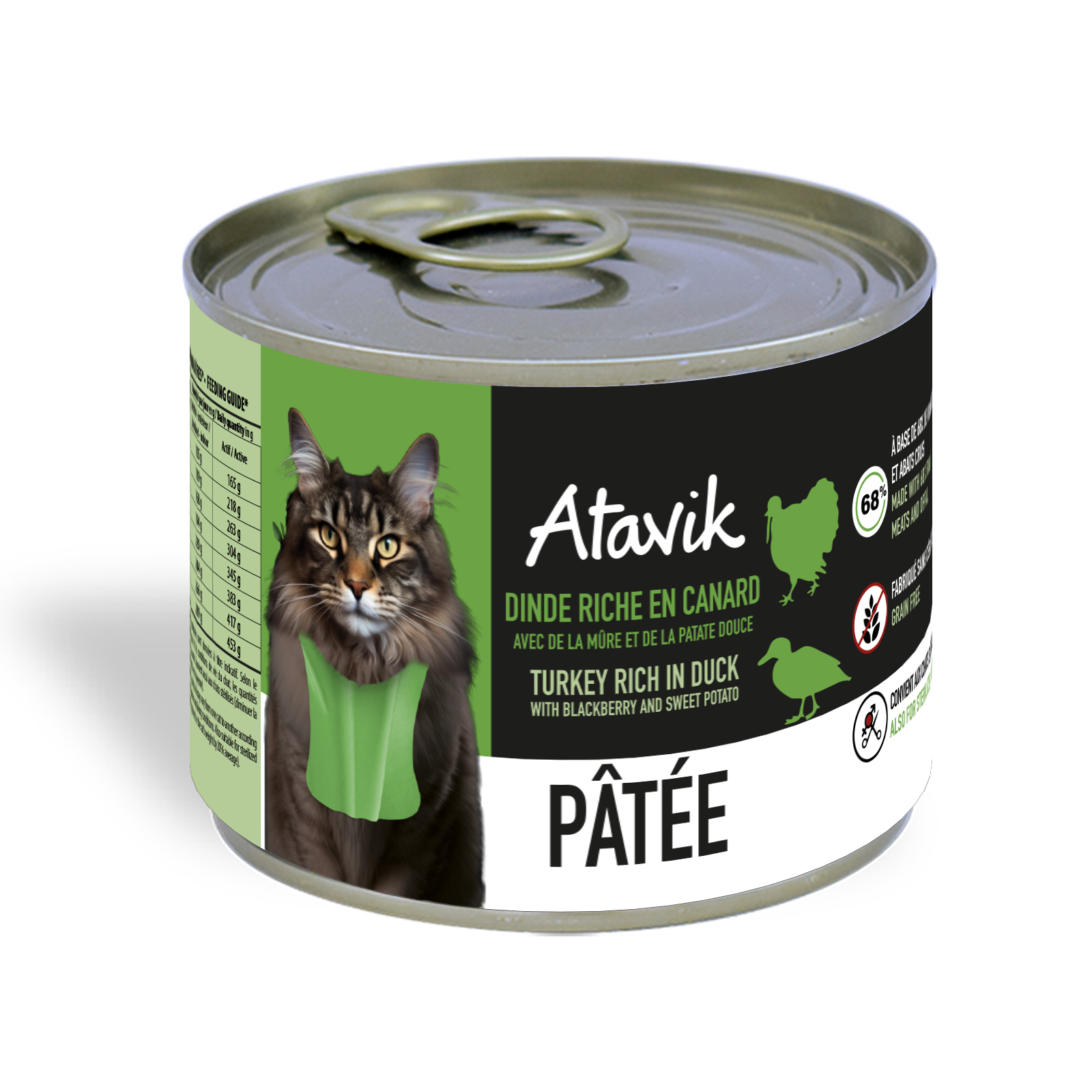 Pâtée pour chat Atavik – Dinde & Canard sans céréales, 68% viandes et abats crus.
