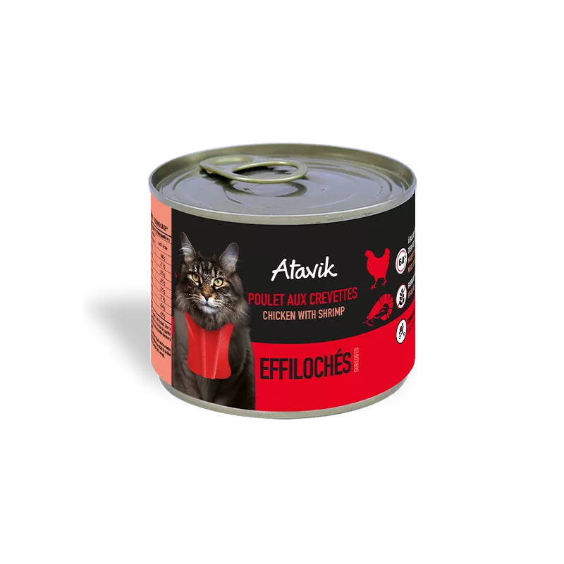 Pâtée sans céréales pour chat – Effilochés Poulet & Crevettes 🐱 | Atavik