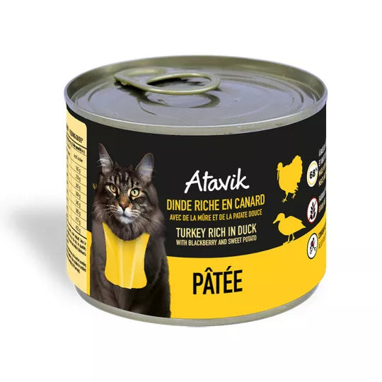 Pâtée pour chat Atavik – Dinde & Canard sans céréales, 68% viandes et abats crus.