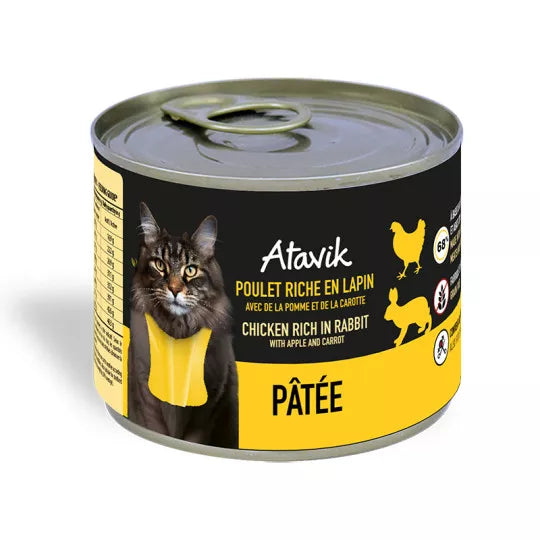 Pâtée pour chat Atavik – Poulet & Lapin sans céréales, 68% viandes et abats crus