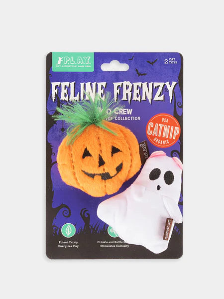 Jouets d'Halloween pour chat en forme de citrouille et fantôme, rembourrés d'herbe à chat bio.