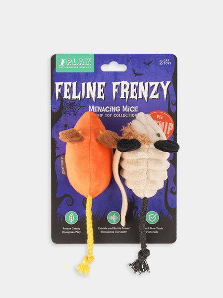 Lot de 2 Souris en Peluche Halloween Menacing Mice Pet PLAY - Jouets pour chat rembourrés d'herbe à chat bio, respectueux de l'environnement et sécuritaires.