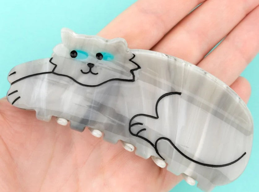 pince à cheveux chat gris en acétate regard bleu