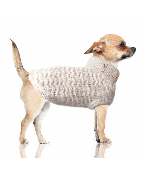 Pull pour chien Jana Beige avec motif jacquard Zig Zag et fil métallisé, signé Milk & Pepper, disponible chez DOG DéliCAT.