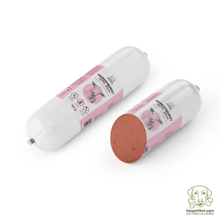 Saucisse pour chien Ayka à l’agneau, 97% viande musculaire, sans céréales ni conservateurs, idéale pour récompenses, repas ou garnir un tapis de léchage.