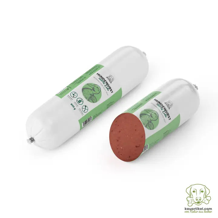 Saucisse pour chien Ayka au canard, 97% viande musculaire, sans céréales ni conservateurs, idéale pour récompenses, repas ou garnir un tapis de léchage.