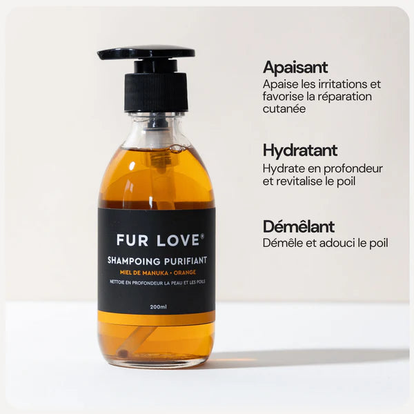 Shampoing naturel au miel de Manuka, spécialement conçu pour apaiser et hydrater les peaux sensibles des chiens.