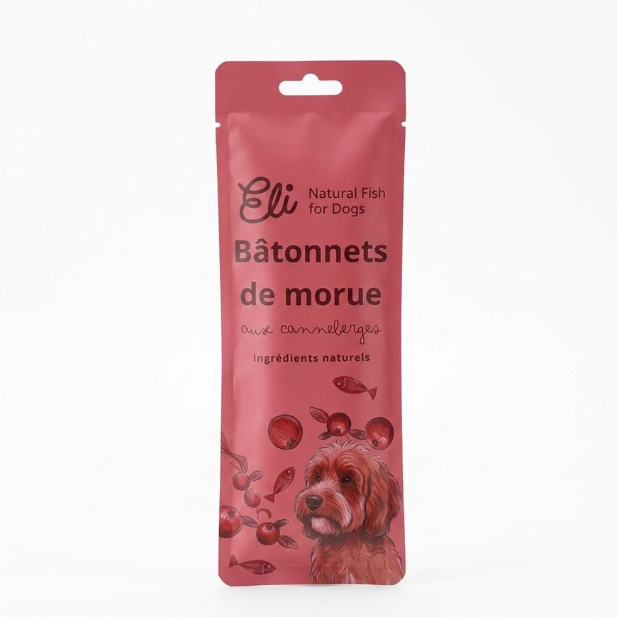Bâtonnets de cabillaud aux canneberges pour chien Eli – Eli Pet Products – DOG DéliCAT