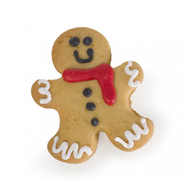 Biscuit artisanal de Noël pour chien en forme de pain d'épices, décoré d'une écharpe rouge, emballé dans un sac personnalisé Dolci Impronte.