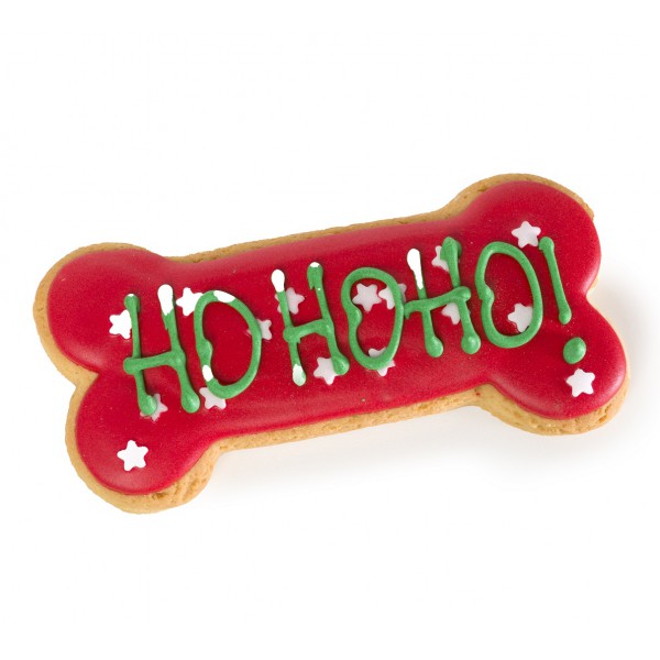 Biscuit de Noël artisanal pour chien en forme d'os, décoré à la main et emballé dans une boîte rouge.