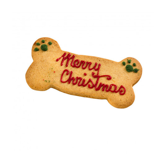 Biscuit de Noël artisanal "Merry Christmas" pour chien en forme d'os, emballé et décoré à la main.