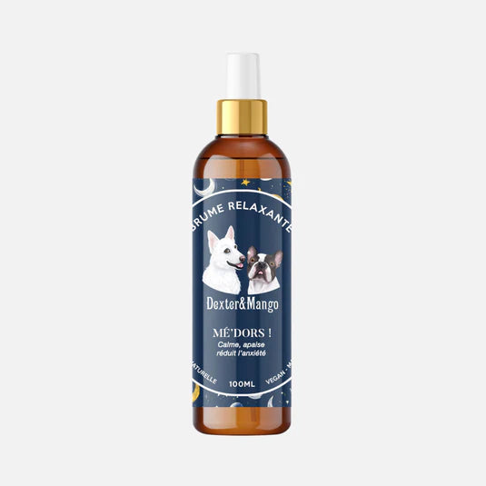 Brume relaxante anti-stress pour chien – Mé’dors ! par Dexter & Mango, à base d’hydrolats et d’huiles essentielles bio