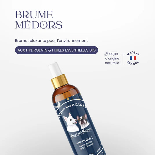 Brume relaxante anti-stress pour chien – Mé’dors ! par Dexter & Mango, à base d’hydrolats et d’huiles essentielles bio
