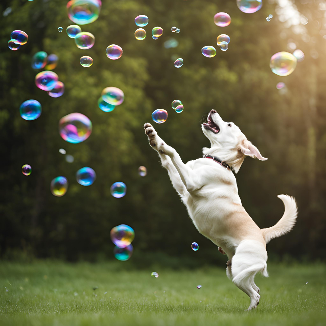 Bulles aromatisées Meaty Bubbles pour chiens et chats avec flacon de 150 ml et baguette à bulles