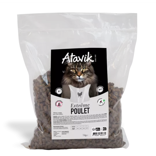 Croquettes pour chat Atavik Extrême Poulet 1kg, sans céréales, 72% de poulet cru.