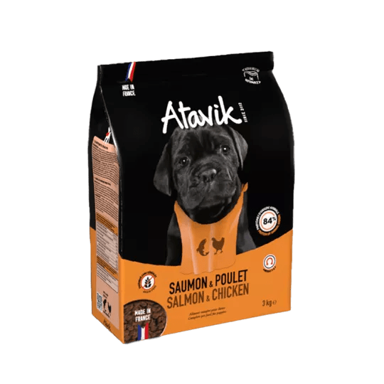 Croquettes chiot sans céréales Saumon - Poulet – Croissance & Digestion Made in France - ATAVIK - DOG DéliCAT
