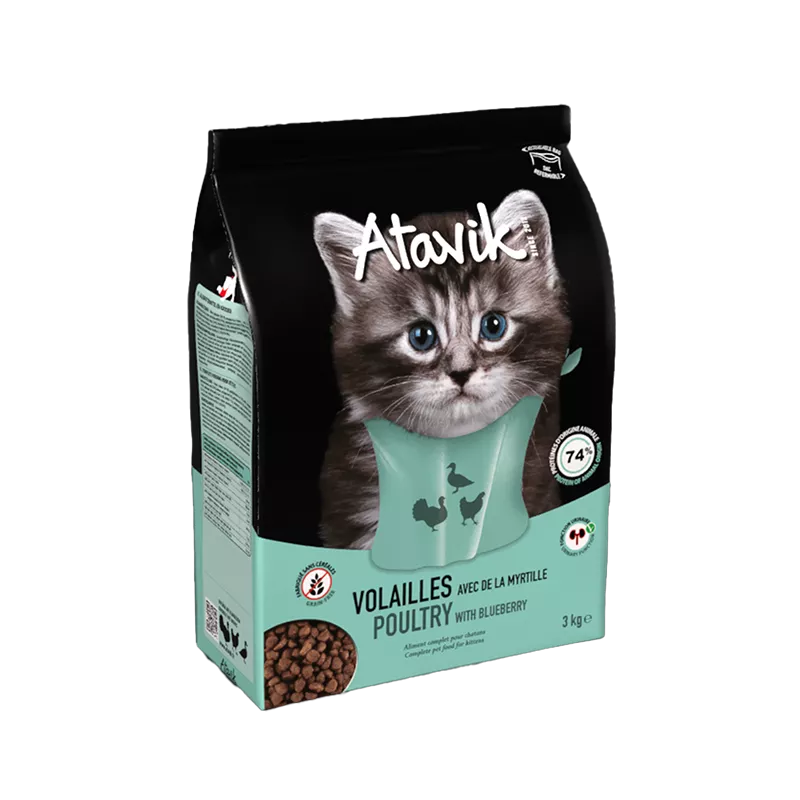 Croquettes sans céréales pour chaton Atavik - volailles et myrtille - riche en dinde