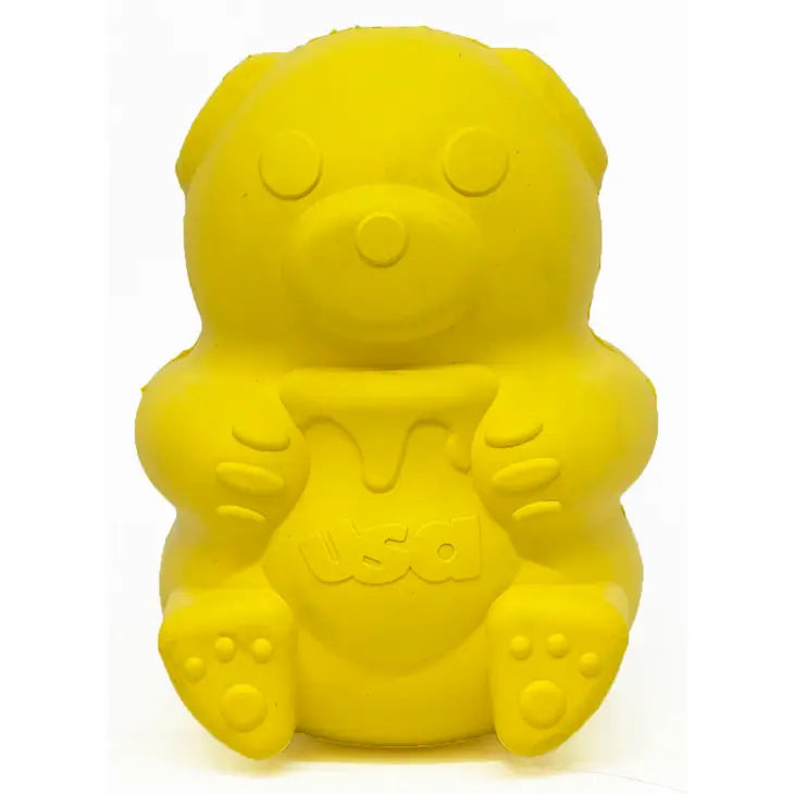Ourson jaune - Jouet distributeur de friandises SodaPup : jouet interactif pour chiens, résistant et amusant.