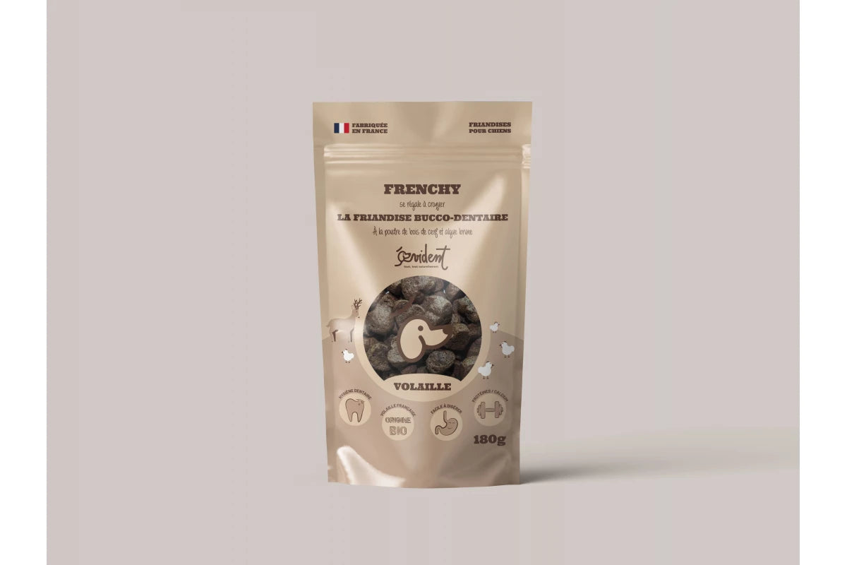 Friandise bucco-dentaire EVIDENT FRENCHY pour chiens, 100% naturelle, enrichie en poudre de bois de cerf et algue brune.