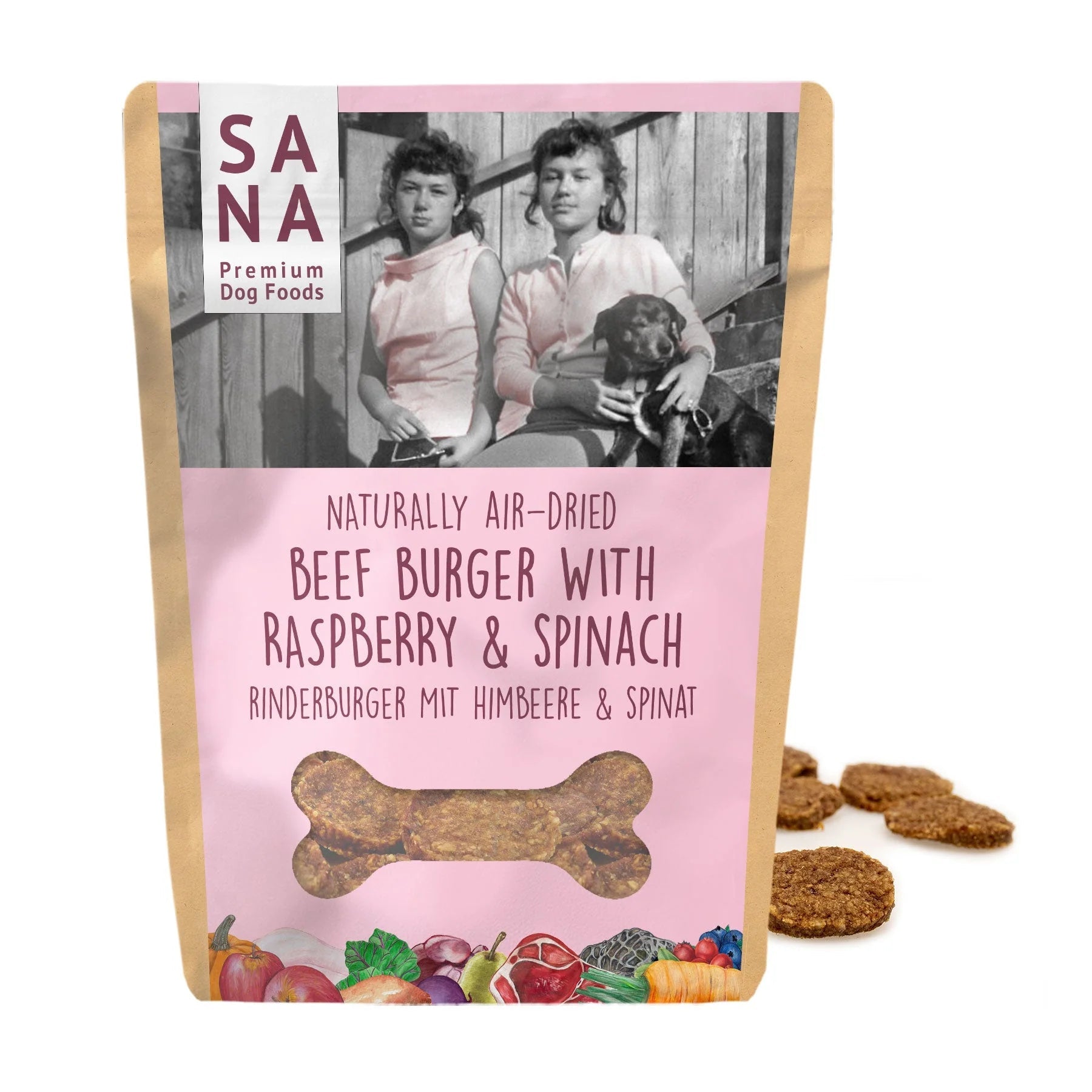 Friandises pour Chien Naturelles - Burger de Bœuf aux Framboises et Épinards (100g) - SANA - DOG DéliCAT