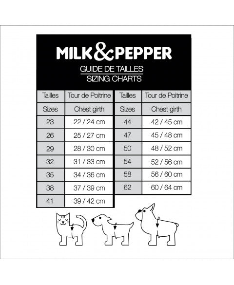 harnais chien doudoune milk & pepper guide des tailles