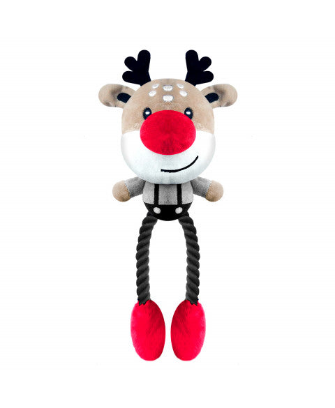 Jouet de Noël pour chien Vigo Renne par Milk&Pepper, doudou en peluche douce avec jambes en cordage noir et effet sonore.