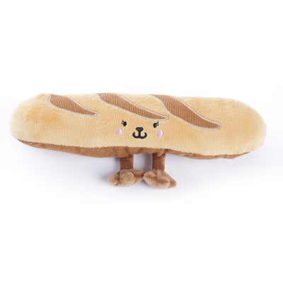 Jouet peluche en forme de baguette pour chien Martin Sellier, fabriqué en tissu recyclé, avec couineur et papier bruissant.