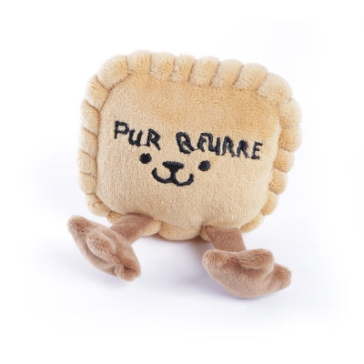 Jouet peluche en forme de petit beurre pour chien Martin Sellier, fabriqué en tissu recyclé avec couineur et papier bruissant.